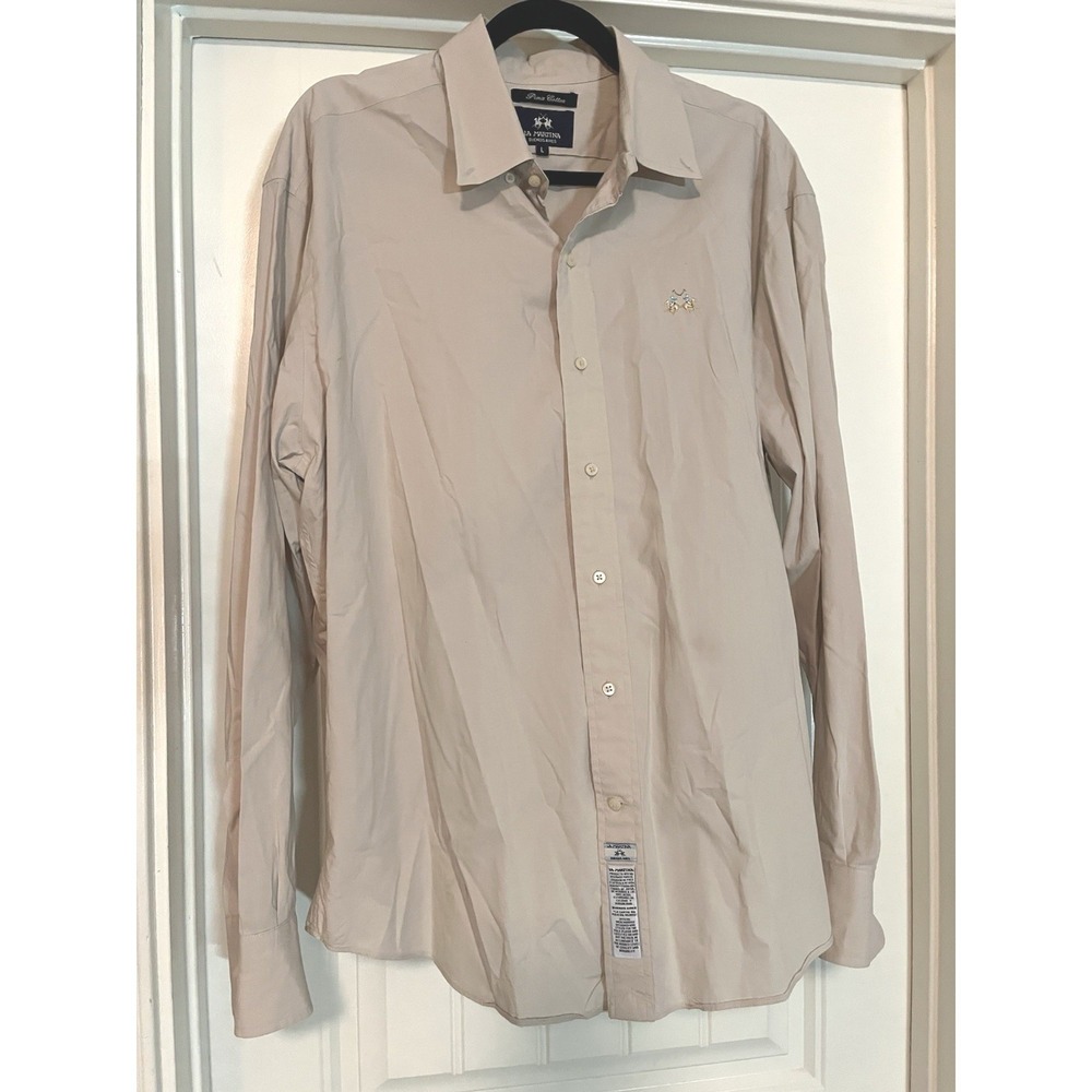 La Martina Buenos Aires Men's Button-Down‎ Shirt  Cream Tan Pima Cotton Size L